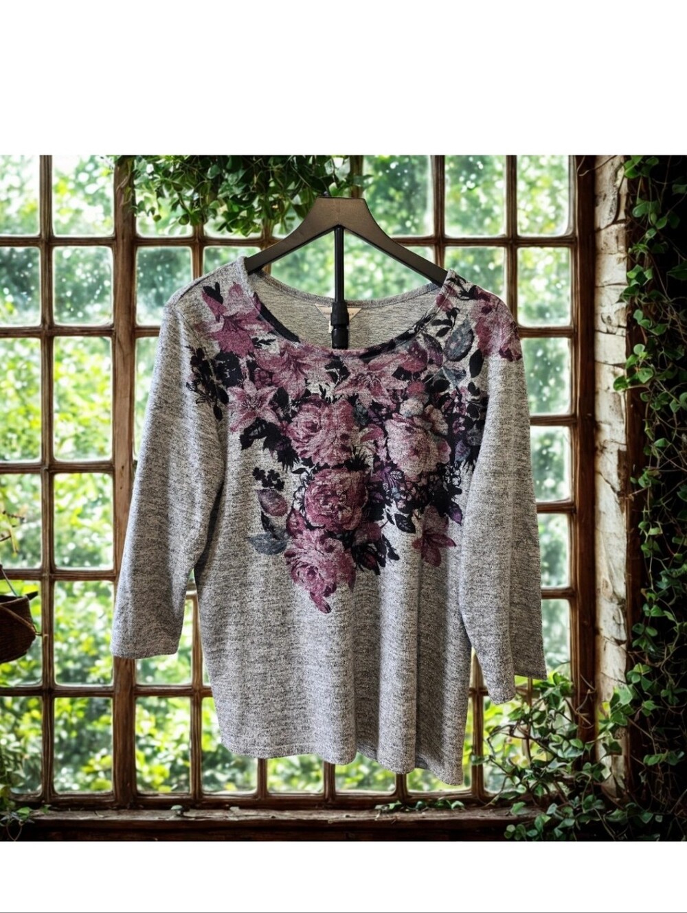 Christopher & Banks Gray Mauve Floral Women's Size Large 3/4 Sleeve Pullover Top